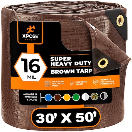 30' X 50' Super Heavy Duty 16 Mil Brown Poly Tarp -Waterproof, Grommets And Reinforced Edges